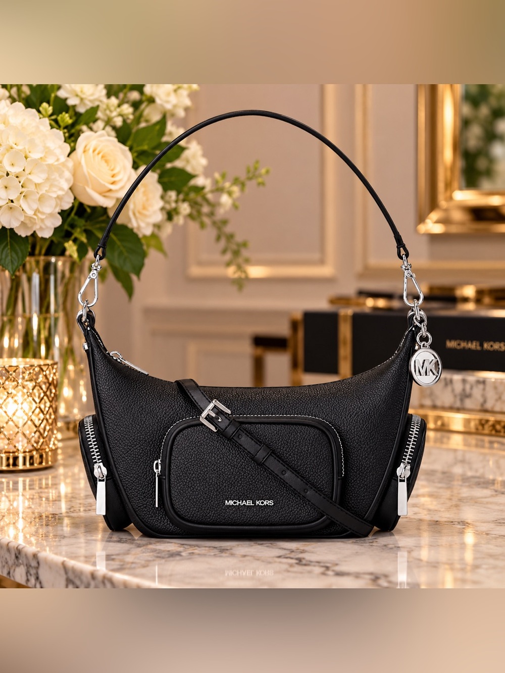 Michael Kors Black Pebbled Leather Hobo with Silver Hardware